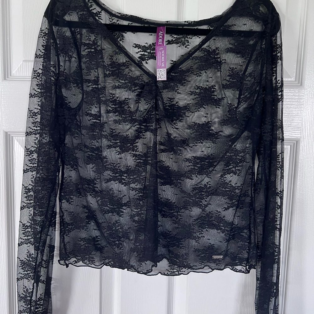 Adore Me Black Sheer Lace Long Sleeve Top